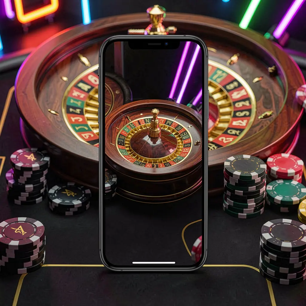 F333CM mobile casino application scene featuring a phone in the center with a roulette wheel and poker chips in the background, illuminated by glowing neon lights in a premium black and gold style