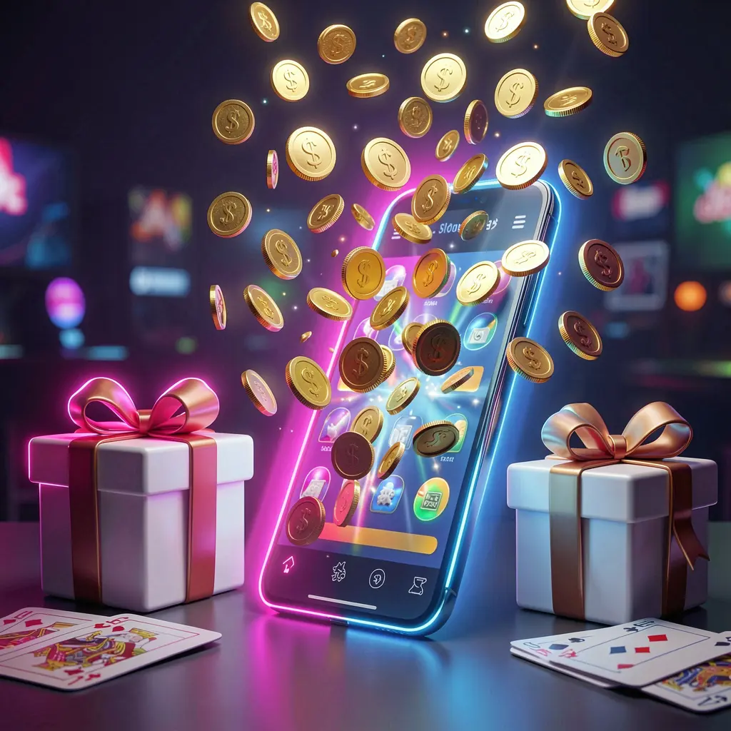 F333CM mobile casino bonus banner showing a smartphone with coins bursting from the screen, a gift box and playing cards nearby, all illuminated by a bright neon glow in a premium realistic 3D render