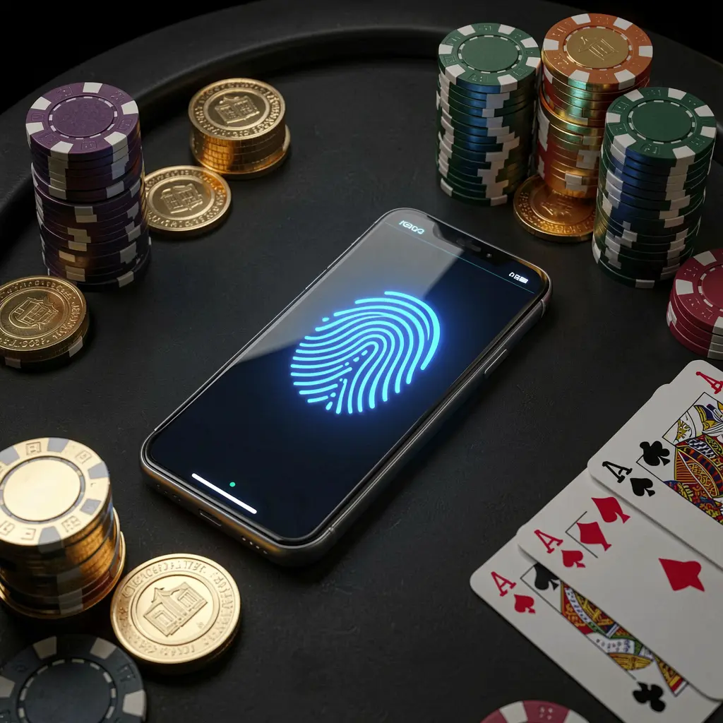 F333CM online casino authentication concept showing a phone with a glowing fingerprint scan on a premium black table surrounded by poker chips, golden coins, and playing cards in a cinematic 3D render