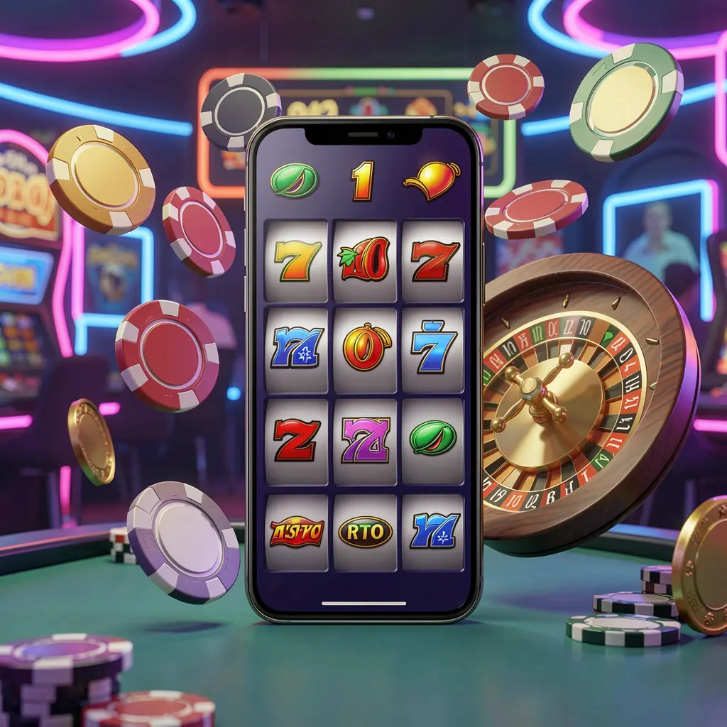 F333CM casino entertainment homepage concept featuring a modern mobile phone surrounded by slot symbols, a roulette wheel, chips, and coins floating against a neon casino background in a premium 3D render
